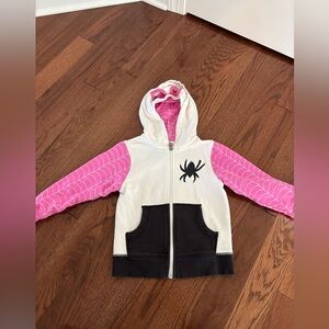 Hanna Andersson Pink and White Ghost Spidey Hoodie, with wearable mask.